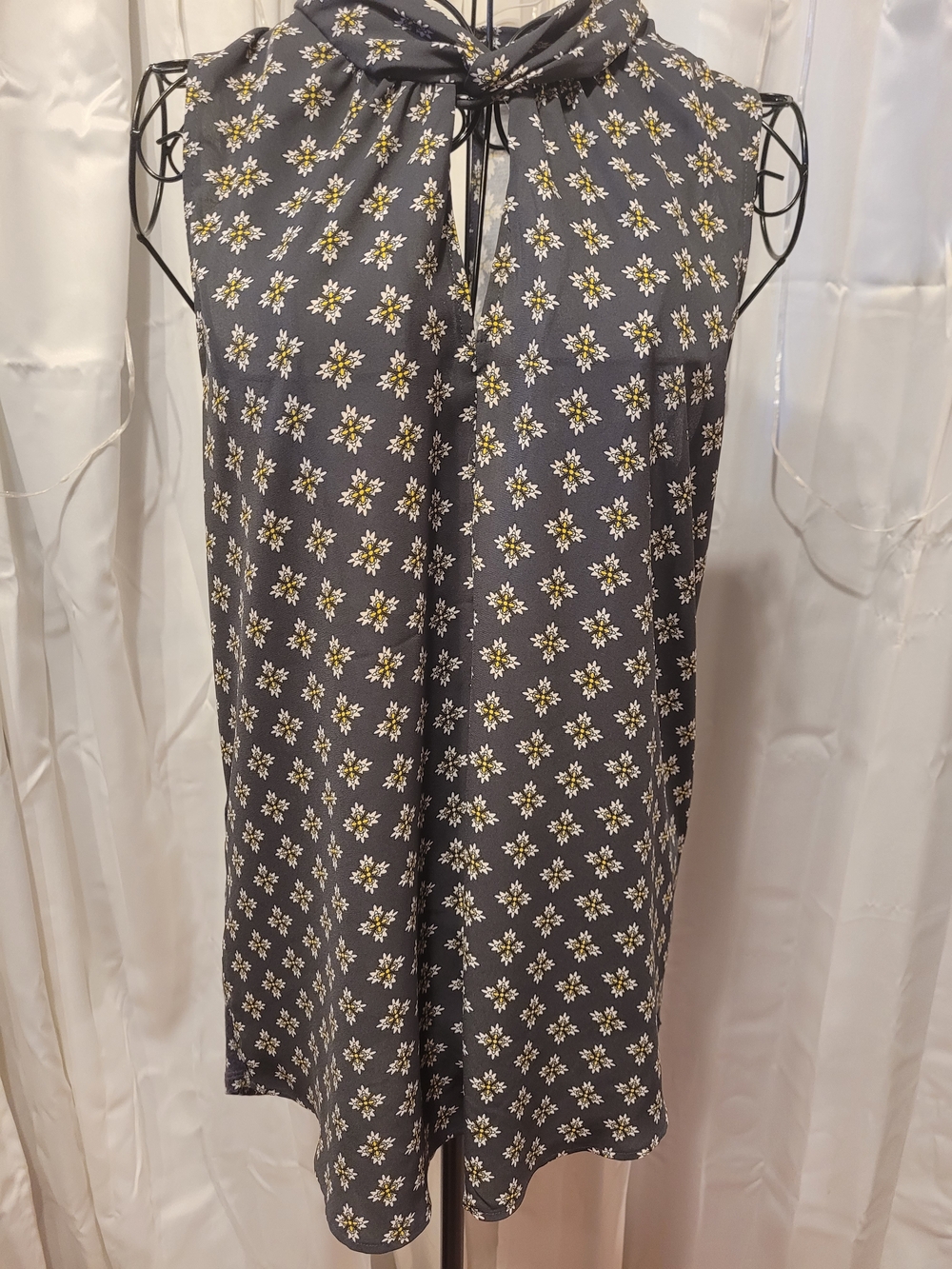 LOFT Navy Floral Tie-Neck Sleeveless Blouse